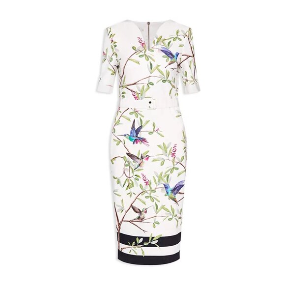 Ted Baker EVRELY HIGHGROVE Hummingbird Branch Blossom Sheath Midi Dresss, TD 0 - Picture 2 of 16